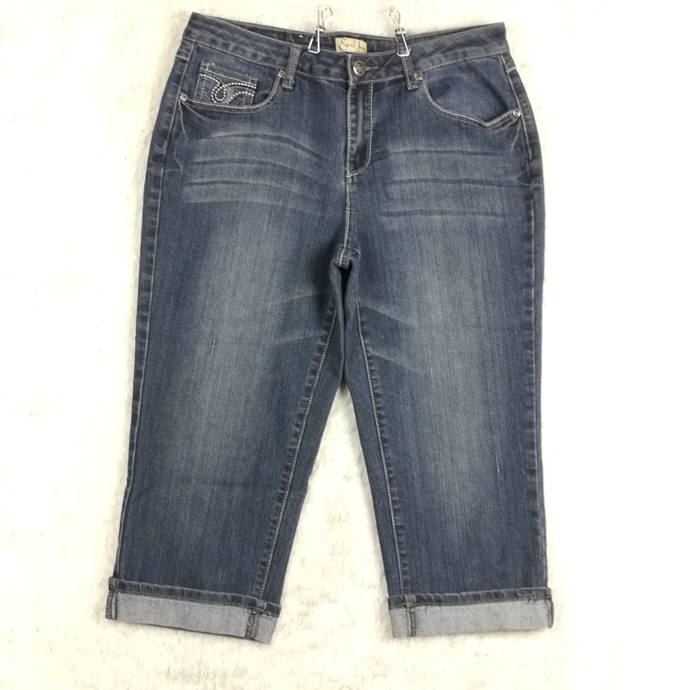 Earl Jean Womens Jeans Capri Blue Denim Flap Pocket Cuffed Whiskering‎ Mid 10
